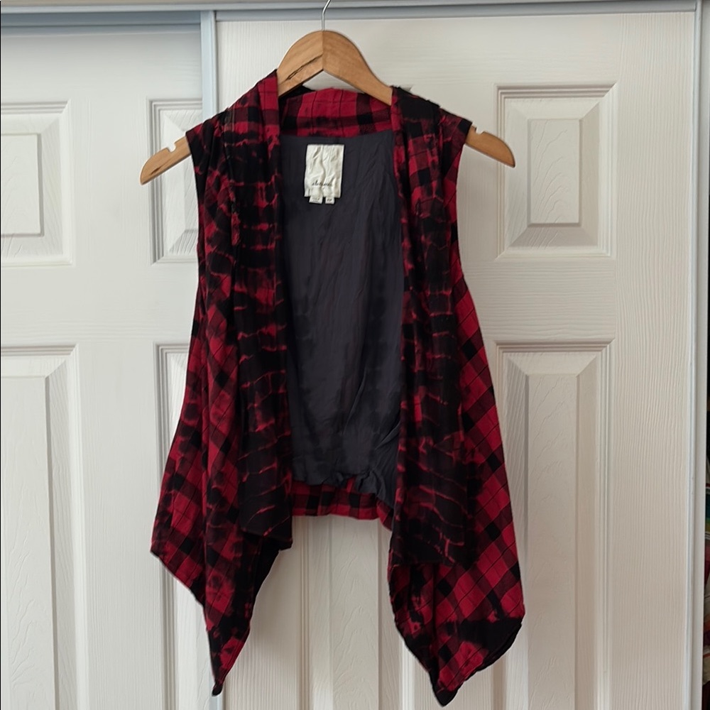 Anthropologie Red and Black Buffalo Plaid Open Vest